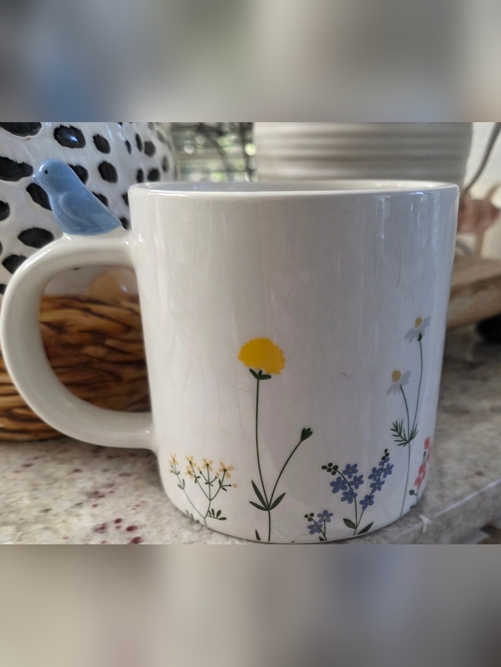 Blue Bird With Wild Flowers Ceramic Mug with Blue Bird